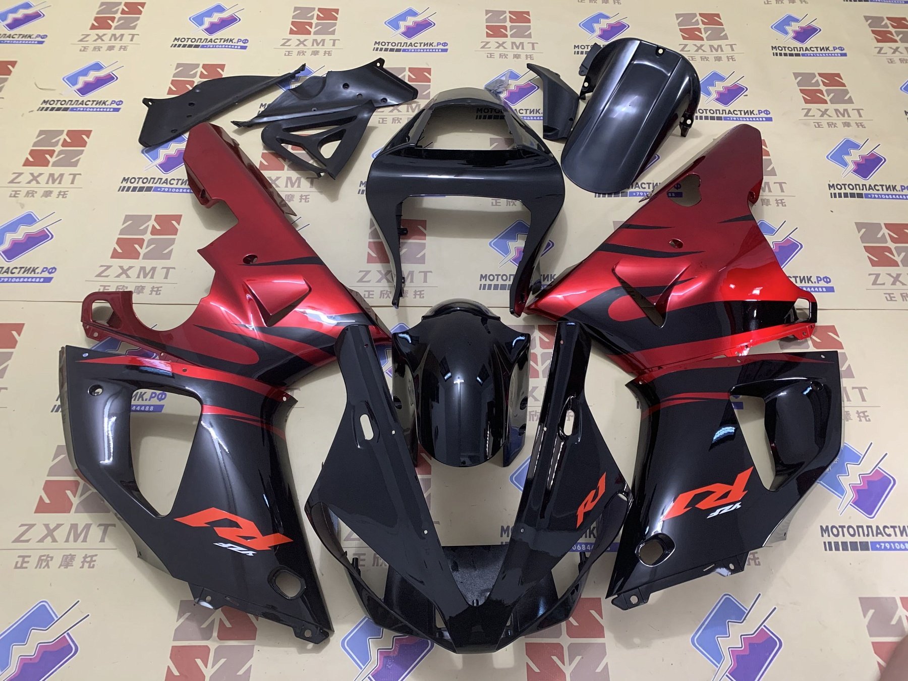 【F 】 Комплект пластика Yamaha YZF R1 2000-2001 Черный Красный пламя